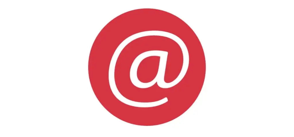 Rood pictogram met een wit apenstaart‑symbool (@), gebruikt als grafisch element voor contactinformatie.