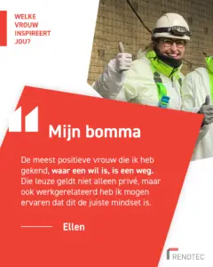 Grafische Renotec‑visual voor Internationale Vrouwendag 2025 met een rood tekstvlak met citaat over inspiratie. Rechts staat een persoon in beschermende werkkledij en helm op een werf, met een opgestoken duim.