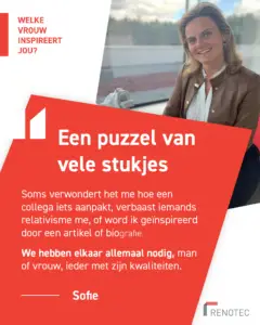 Grafische Renotec‑visual voor Internationale Vrouwendag 2025, met een rood tekstvlak en een citaat over inspiratie in het dagelijks werk. Rechts zit een persoon aan een tafel in een binnenruimte met groot raam en uitzicht op een dakterras en bomen.