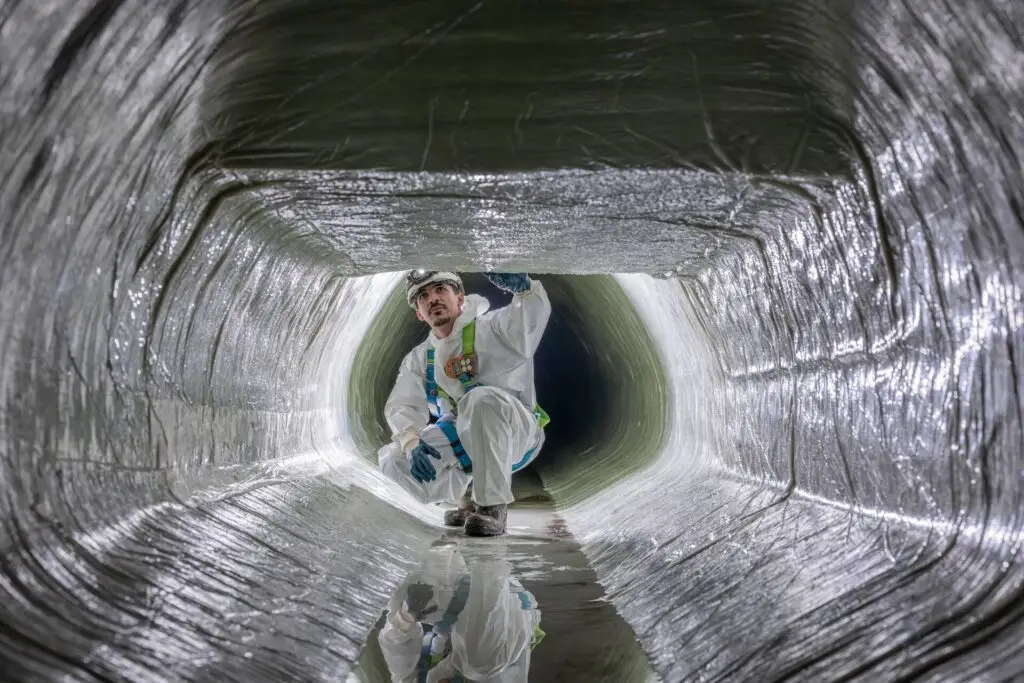 Inspectie van gerenoveerde rioleringsbuis met liner tijdens sleufloze leidingrenovatie, technieker in beschermende uitrusting controleert kwaliteit en afwerking van de nieuwe buisstructuur, uitgevoerd door de divisie Leidingtechnieken van Renotec