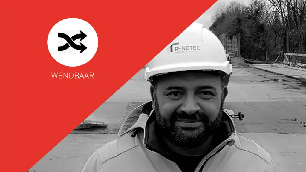 Renotec medewerker met helm gecombineerd met een grafische visual en tekst “wendbaar” als kernwaarde